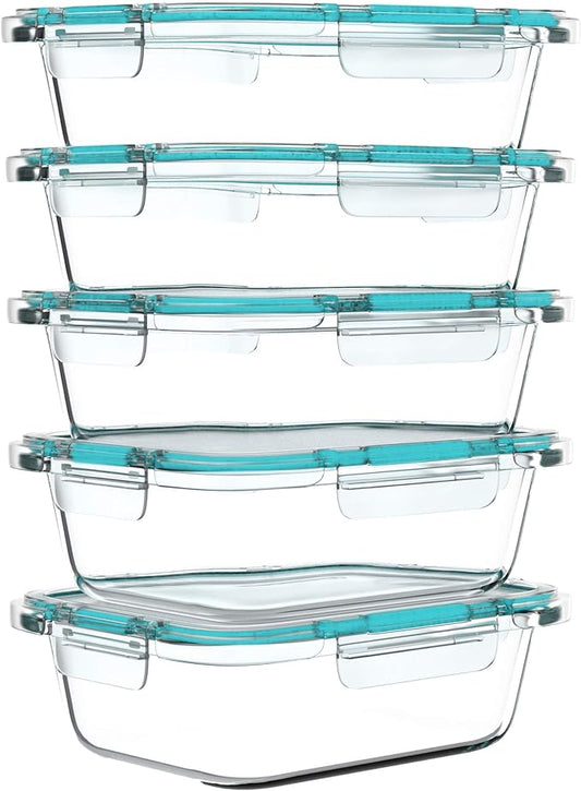 Classic Cuisine Glass Food Storage Containers-5, One Compartment Portion Control Meal Prep Glassware with Snap Shut Lids-Microwave, Dishwasher Safe Clear