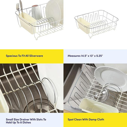 Dish Drying Rack & Cutlery Holder 2 Piece Set - Compact Sink-Fitting Dish Drainer with Rubberized Undercoating, Space-Saving Kitchen Organizer for Plates, Cups, Bowls & Utensils in Sink, Ivory
