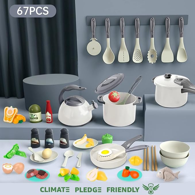 Bruvoalon 67Pcs Kids Play Kitchen Toys Set, Toddlers Pretend Cooking Playset Acccessories with Pots Pans, Utensils Cookware, Foods, Canned Veges, Learning Gift for Kids Girls Boys (White)