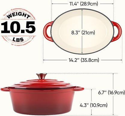 Oval Dutch Oven for Bread Baking, 4.5 Quart Non Stick Enameled Cast Iron Dutch Oven Pot with Lid, Oven Safe Oval Casserole with Lid up to 500°F for Baking, Braising, Stews, Roasting (Red)