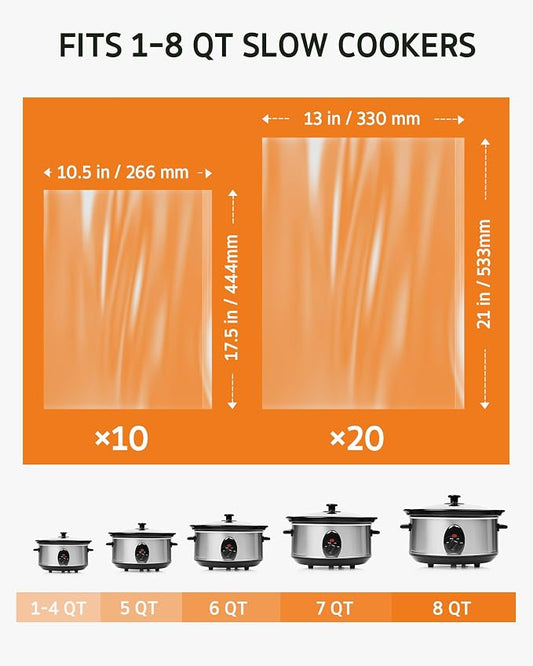 Syntus 30 Count Slow Cooker Liners, 20 Pcs 13" x 21" and 10 Pcs 10.5" x 17.5" Fits 1-8 Quart Pots BPA-free Disposable Cooking Bags Suitable for Oval & Round & Retangular Slow Cookers
