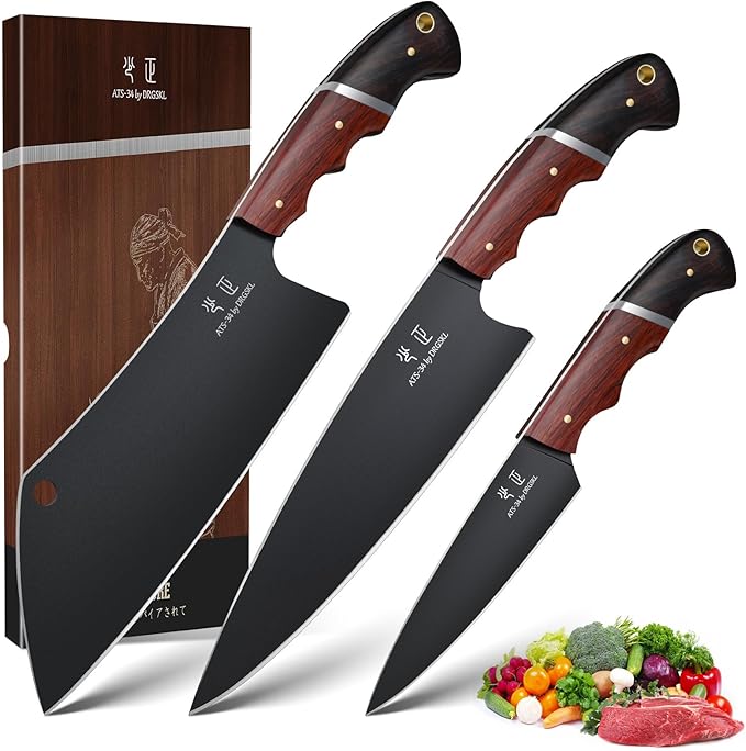 DRGSKL Japanese Chef Knife Set - 3 PCS Kitchen Utility Knife Sets for Cooking, Meat Cleaver Knives Set with Full Tang Wooden Handle, Gifts for Men and Women