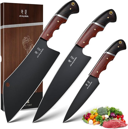 DRGSKL Japanese Chef Knife Set - 3 PCS Kitchen Utility Knife Sets for Cooking, Meat Cleaver Knives Set with Full Tang Wooden Handle, Gifts for Men and Women
