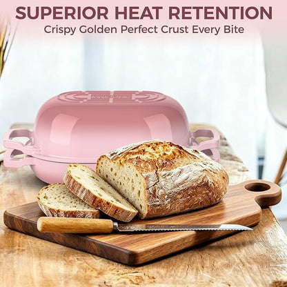 Enameled Cast Iron Sourdough Bread Oven, Wildone 5.5QT Cast Iron Dutch Oven for Homemade Bread Baking, Bread Pan with Lid & Cotton Potholders, Pink