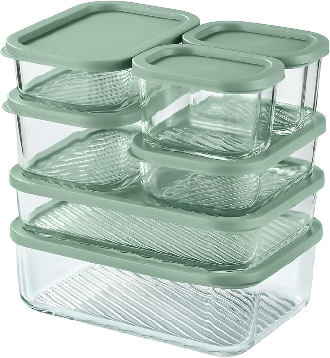 EATEX Grooved Base Glass Meal Prep Containers, 7 Pack Glass Storage Containers with Lids for Meal Prep & Lunch, Microwave Oven Freezer Dishwasher Safe, Anti Moisture Non-Stick Design - Sage Green