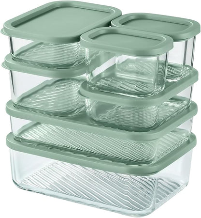 EATEX Grooved Base Glass Meal Prep Containers, 7 Pack Glass Storage Containers with Lids for Meal Prep & Lunch, Microwave Oven Freezer Dishwasher Safe, Anti Moisture Non-Stick Design - Sage Green