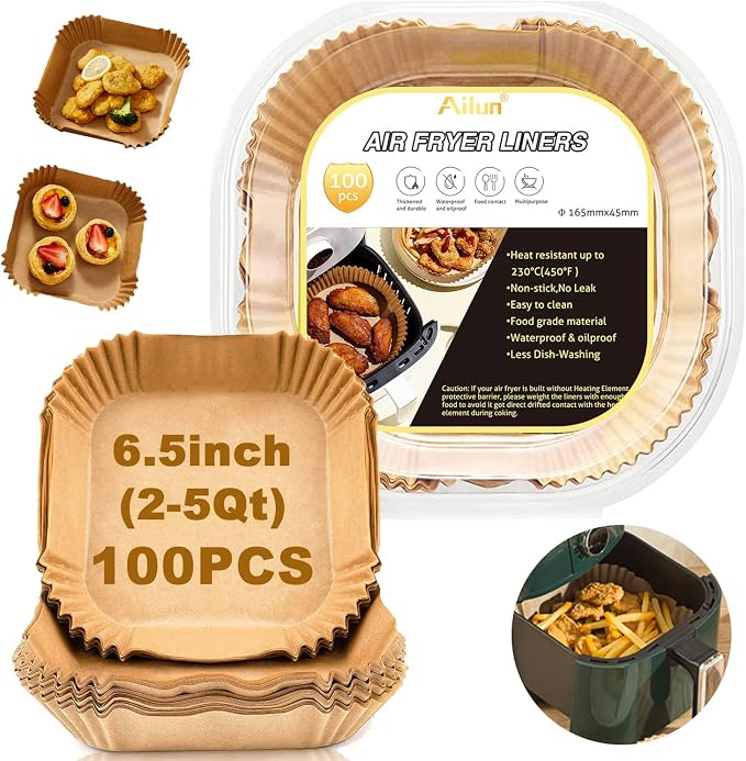 Ailun Air Fryer Paper Liners 6.5inch, 100PCS Non-Stick Parchment Paper,Oil Resistant,Disposable Food Grade Free of Bleach Paper Square for 2-5 QT Air Fryer Baking Roasting Microwave