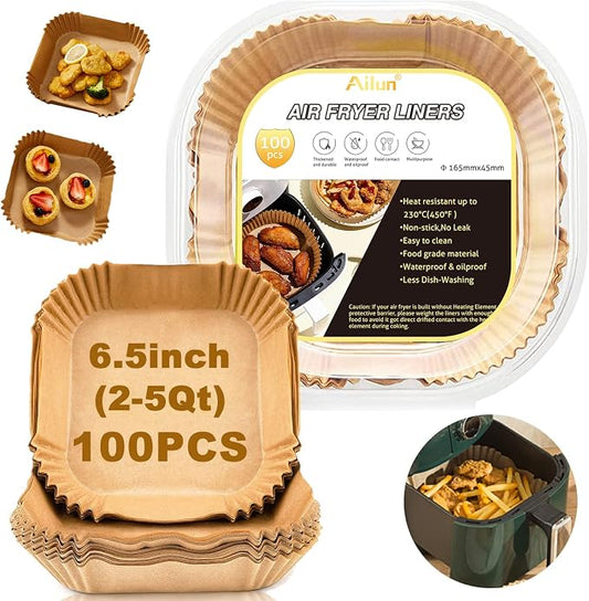 Ailun Air Fryer Paper Liners 6.5inch, 100PCS Non-Stick Parchment Paper,Oil Resistant,Disposable Food Grade Free of Bleach Paper Square for 2-5 QT Air Fryer Baking Roasting Microwave