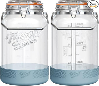 2 Packs 1 Gallon Glass Jars with Airtight Lids, Wide Mouth Mason Jars with Clip Top & Stainless Steel Handle & Silicone Base, Glass Storage Containers for Kitchen Storage, Pickling-Dual Scale