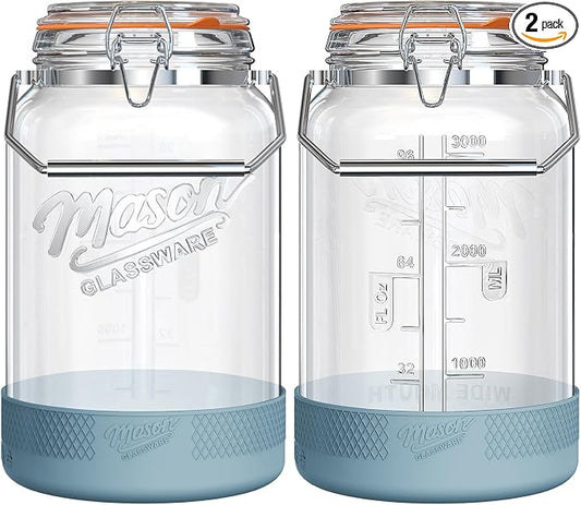 2 Packs 1 Gallon Glass Jars with Airtight Lids, Wide Mouth Mason Jars with Clip Top & Stainless Steel Handle & Silicone Base, Glass Storage Containers for Kitchen Storage, Pickling-Dual Scale