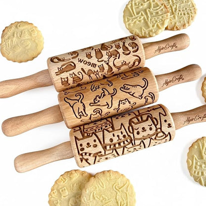 CATS 3 Mini Embossed Rolling Pin Set – Wooden Laser-Engraved Textured Rolling Pins for Cookies, Modeling Clay, Ceramics – Various Cat Patterns by Algis Crafts