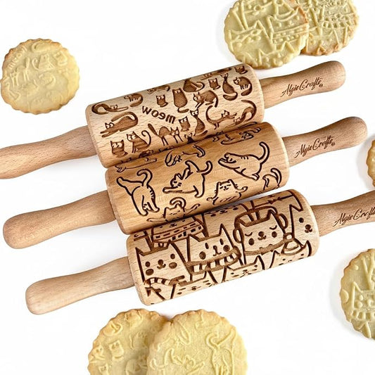 CATS 3 Mini Embossed Rolling Pin Set – Wooden Laser-Engraved Textured Rolling Pins for Cookies, Modeling Clay, Ceramics – Various Cat Patterns by Algis Crafts