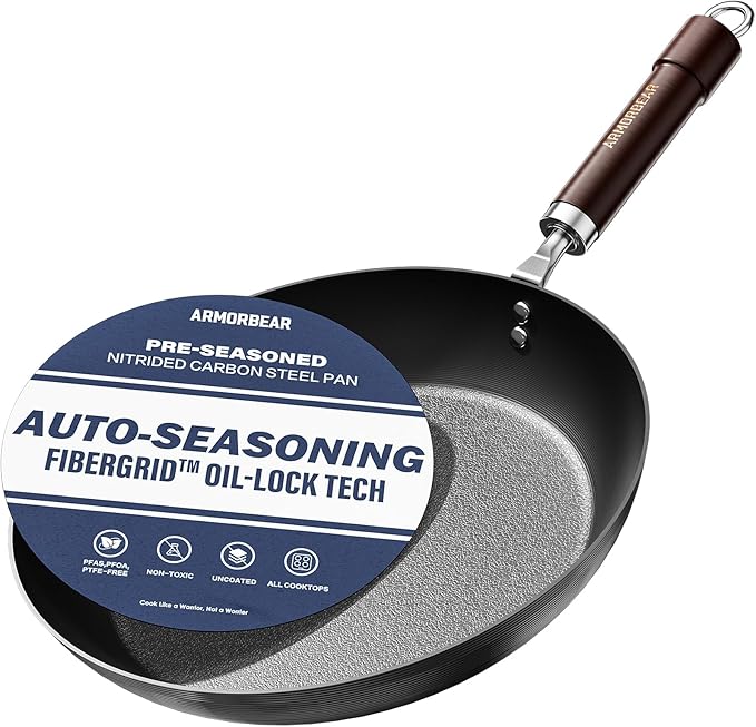 12 Inch Auto-Seasoning Large Carbon Steel Skillet, Pre-Seasoned Deep Nitrided Carbon Steel Pan for Family Size Meals and Professional Searing, Wooden Handle, PFAS & PFOA-Free