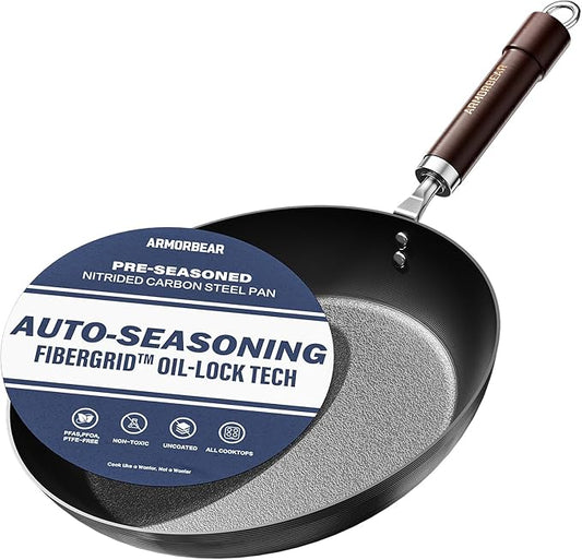 12 Inch Auto-Seasoning Large Carbon Steel Skillet, Pre-Seasoned Deep Nitrided Carbon Steel Pan for Family Size Meals and Professional Searing, Wooden Handle, PFAS & PFOA-Free