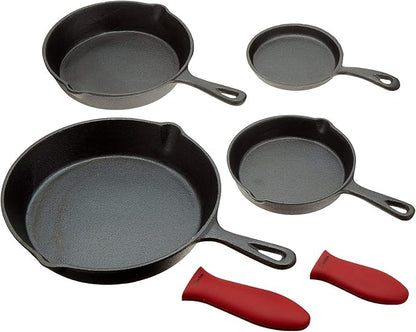 Crucible Cookware Cast Iron Skillets, Set Of 4 (Pre-seasoned) 10 Inch - 5.1 Inch, Including Large & Small Silicone Hot Handle Holders | Indoor & Outdoor Use