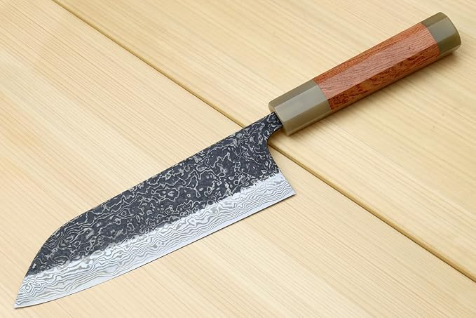 Yoshihiro Black-Forged High Performance SLD Damascus Steel Santoku Multipurpose Knife (7'' (180mm), Ironwood Handle) (With Saya)