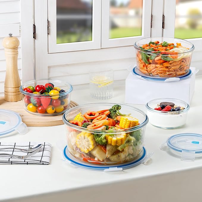NUTRIUPS 95/54/30/15oz Round Large Glass Food Storage Containers with Airtight Lids, Meal Prep Containers, Ideal for Baking and Storing Casseroles, Lasagnas, Vegetables, Fruits,4-Piece Set