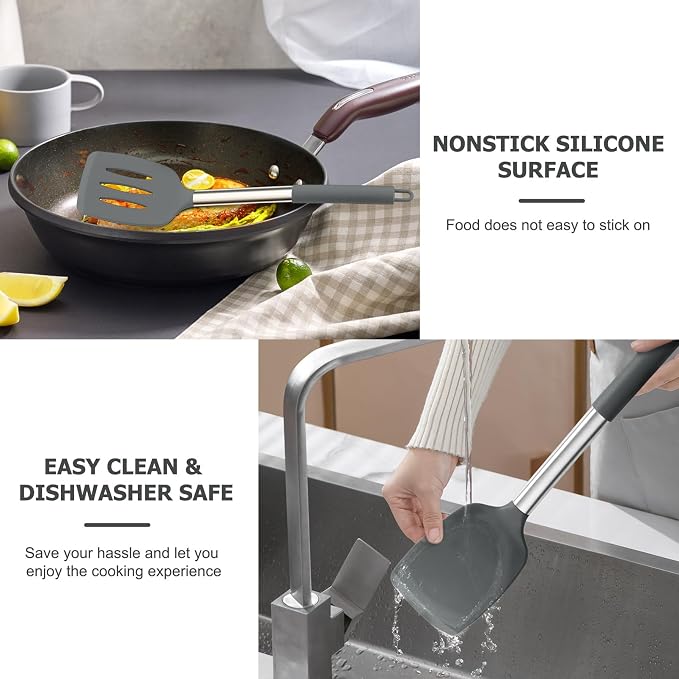 TeamFar Kitchen Utensils, 4PCS Heat-proof Silicone Cooking Utensils Set Slotted Spatula Solid Turner Spoon with Stainless Steel Handle, for Non-stick Cookware Flipping, Frying, Draining – Gray