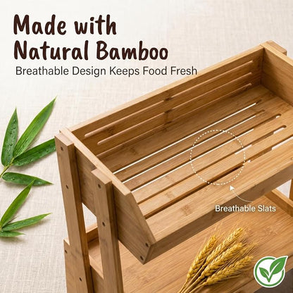 Bamboo Bread Box for Kitchen Countertop, 2 Tier Large Storage with Fruit Basket Top and Window, Farmhouse Organizer for Snacks & Vegetables