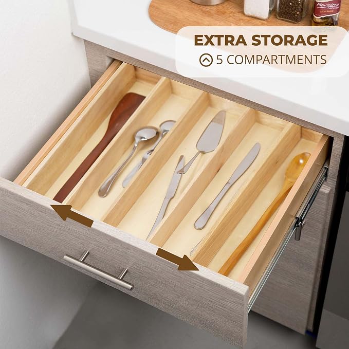Utensils Organizer Rubberwood, Expandable Silverware Drawer Organizer with 5 Compartments, Wooden Kitchen Storage Tray Holder for Cutlery, Flatware & Utensils