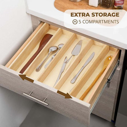 Utensils Organizer Rubberwood, Expandable Silverware Drawer Organizer with 5 Compartments, Wooden Kitchen Storage Tray Holder for Cutlery, Flatware & Utensils