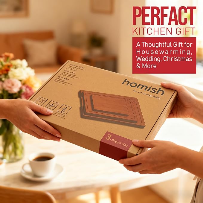 Large Bamboo Cutting Board 3 Piece Set with Juice Groove & Handle - Non Toxic Wood Charcuterie Board & Butcher Block for Meat, Veggies Fruit & Cheese - Kitchen Gift Set by Homish