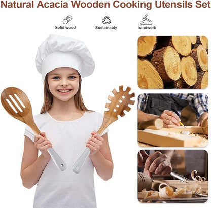 Wooden Spoons For Cooking, 6 Pieces Natural Acacia Wooden Cooking Utensils or Non-Stick Wooden Kitchen Utensil Set for Kitchen Essentials, Wood Cooking Utensils Set with Hanging Hole, Grey