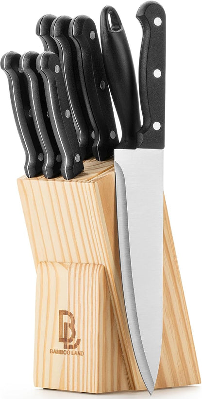 BAMBOO LAND- Kitchen Knife Set, 9 pcs, Stainless Steel Knife Set with Block and Sharpener, Kitchen Knives with Wooden Block
