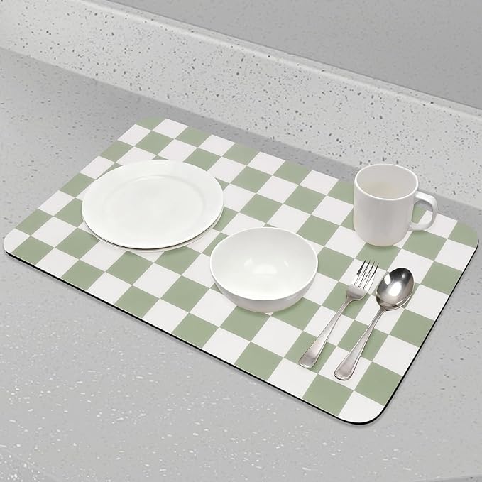 CooRug Checkered Dish Drying Mat for Kitchen Counter, Absorbent Non-Slip Coffee Mat, Heat Resistant Mat for Countertops Coffee Bar Decor 17" x 32" Green