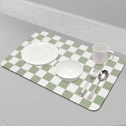 CooRug Checkered Dish Drying Mat for Kitchen Counter, Absorbent Non-Slip Coffee Mat, Heat Resistant Mat for Countertops Coffee Bar Decor 12" x 20" Green