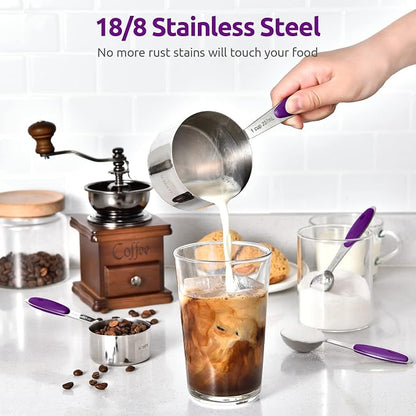 Measuring Cups and Spoons Set: U-Taste 18/8 Stainless Steel 10 Pieces Metal Stacking Kitchen Baking Cooking Food Measure Set 5 Cups 5 Spoons with Strengthened Weld Joints (Purple, Upgraded Version)