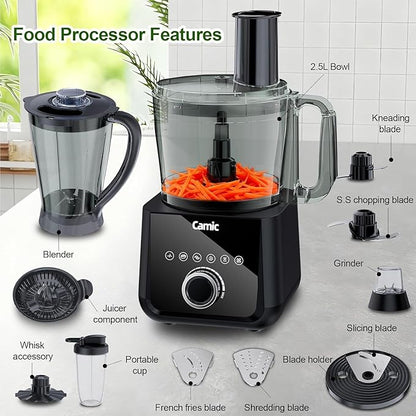 Camic Food Processor and Blender for Home Use, 600W, Blending, Grinding, Shredding, Slicing, Doughing, Meat and Vegetable Chopping, Ice Crushing, 6 Presets, Easy to Operate and Clean (Upgrade Version)
