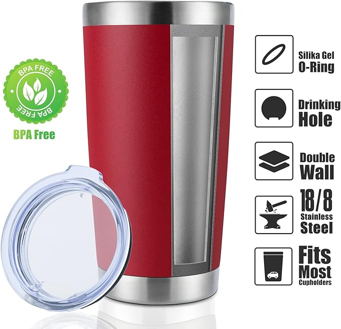 DOMICARE 20oz Stainless Steel Tumbler Bulk with Lid, Double Wall Vacuum Insulated Travel Mug, Powder Coated Coffee Cup, Powder Red, 8 Pack