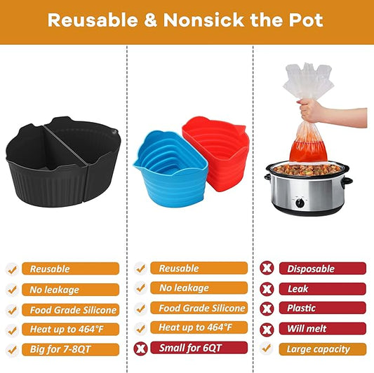 Silicone Liners Fit for Crock Pots/Slow Cookers 7-8QT, Slow Cooker Divider Insert Compatible for Crock Pot Liners, Reusable/BPA Free/Leakproof/Cooking Accessories for Most 7-8 QT Slow Cooker