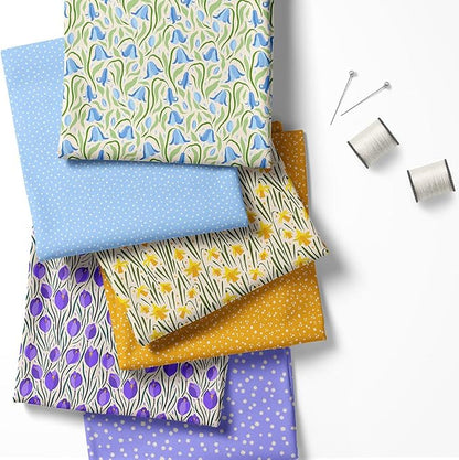 Patchwork Fabric Panel 100x155 cm, 100% Cotton Satin, 6 Coordinated Floral & Tulip Patterns, Yellow Blue Purple Spring Quilting Fabric (Spring Blossoms, 6pcs 50x50cm)