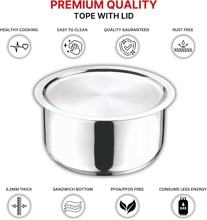 Vinod Stainless Steel 304 Grade Tope/Patila/Topiya with Lid - Diameter 20 cm, Capacity 3 Litre, Induction and Gas Stove Friendly, 2 Year Warranty, Silver