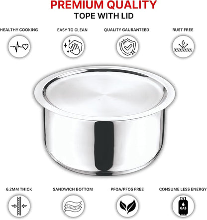 Vinod Stainless Steel 304 Grade Tope/Patila/Topiya with Lid - Diameter 20 cm, Capacity 3 Litre, Induction and Gas Stove Friendly, 2 Year Warranty, Silver