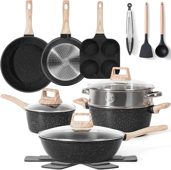 SODAY 17 Pcs Pots and Pans Set Non Stick Kitchen Cookware Sets Nonstick Induction Cookware Non-toxic Black Granite Cooking Tools with Stay-Cool Handles, Pot Protectors (PFOS/PFOA Free)