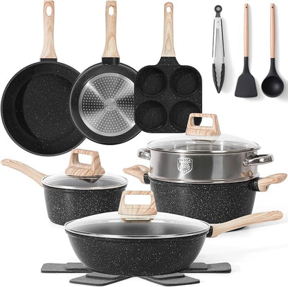 SODAY 17 Pcs Pots and Pans Set Non Stick Kitchen Cookware Sets Nonstick Induction Cookware Non-toxic Black Granite Cooking Tools with Stay-Cool Handles, Pot Protectors (PFOS/PFOA Free)