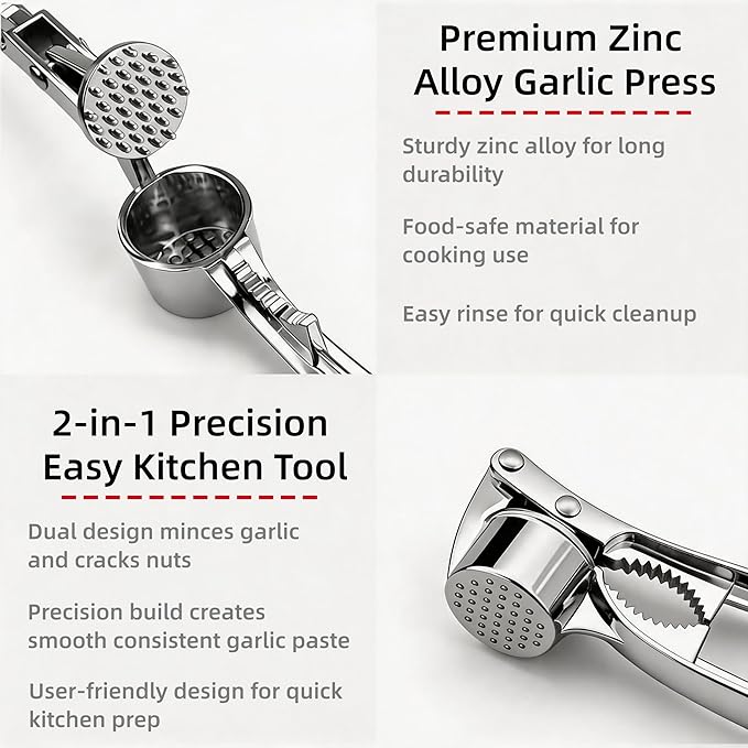 Multi-Purpose Garlic Press Nut Cracker Kitchen Tool, Large Caliber Thickened Zinc Alloy Mincer Squeezer, Precise Holes for Fine Paste, Dishwasher Safe with Peeler & Cleaning Brush (Silver - 3set)