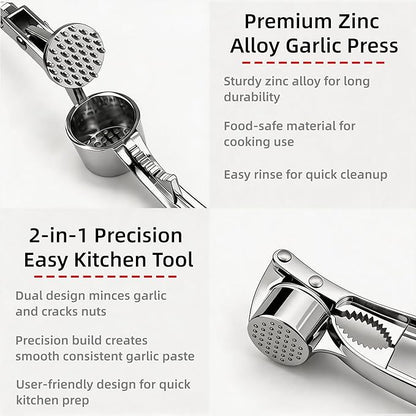 Multi-Purpose Garlic Press Nut Cracker Kitchen Tool, Large Caliber Thickened Zinc Alloy Mincer Squeezer, Precise Holes for Fine Paste, Dishwasher Safe with Peeler & Cleaning Brush (Silver - 3set)