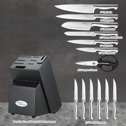 Marco Almond® Knife Set with Block KYA28, 14 Pieces Stainless Steel Chef Cutlery Kitchen Knives Block Set with Built-in Sharpener