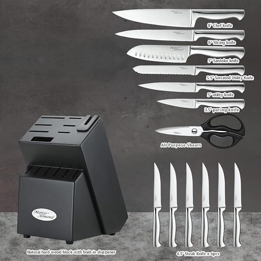Marco Almond® Knife Set with Block KYA28, 14 Pieces Stainless Steel Chef Cutlery Kitchen Knives Block Set with Built-in Sharpener