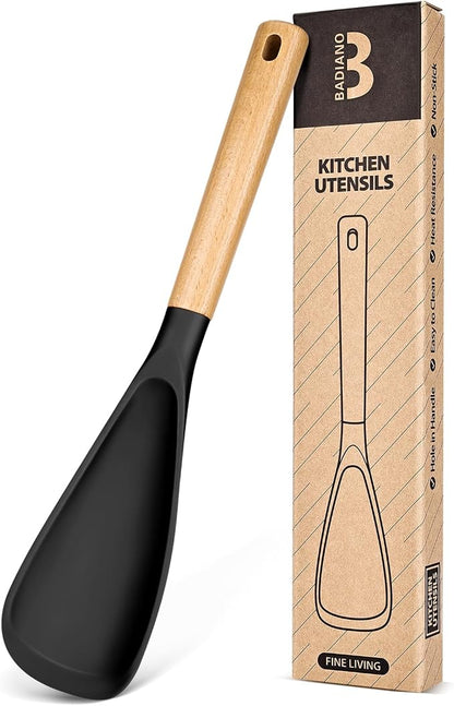 Cooking Spoon for Nonstick Cookwares, Great for Cooking and Serving Sturdy BPA-Free Matte Silicone, Wood Handle Spoon for Mixing, Scoop, and Scrape (BLACK, 13.4 inch)
