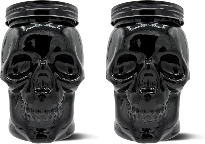 DURA LIVING Set of 2 Skull Mason Jar Glasses with Lids | 42oz Reusable Halloween Drinking Glasses | Unique Skull Décor, Storage, & Canning Jars for Parties & Gifts