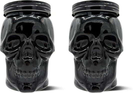 DURA LIVING Set of 2 Skull Mason Jar Glasses with Lids | 42oz Reusable Halloween Drinking Glasses | Unique Skull Décor, Storage, & Canning Jars for Parties & Gifts