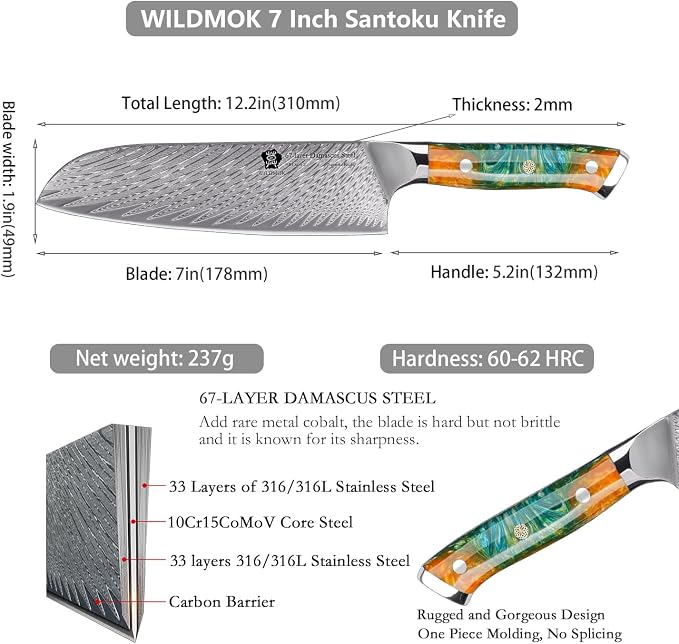 WILDMOK Santoku Knife 7 Inch kitchen knife, Ultra Sharp with Japanese Damascus Forged Santoku Knife, Ergonomic Resin Handle, cooking gifts with gift box