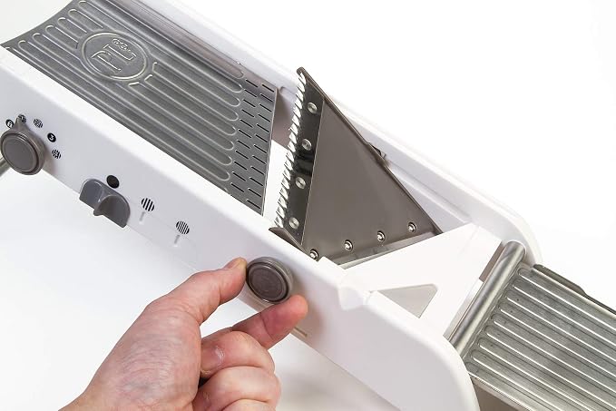 PL8 Professional Mandoline - Versatile Slicer with Adjustable Straight, Waffle, and Julienne Blades, Extra-Wide Stainless Steel Deck, Safety Hand Guard, Non-Skid Feet, and Space-Saving Design