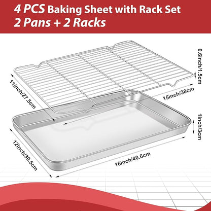 Baking Sheet with Rack Set (2 Pans + 2 Racks), 12 x 16 x 1 Inch Stainless Steel Heavy Duty Cookie Sheet with Wire Cooling Rack for Oven and Dishwasher Safe