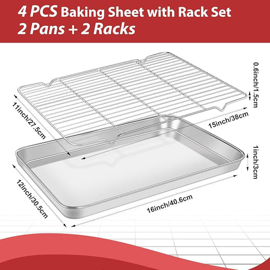 Baking Sheet with Rack Set (2 Pans + 2 Racks), 12 x 16 x 1 Inch Stainless Steel Heavy Duty Cookie Sheet with Wire Cooling Rack for Oven and Dishwasher Safe